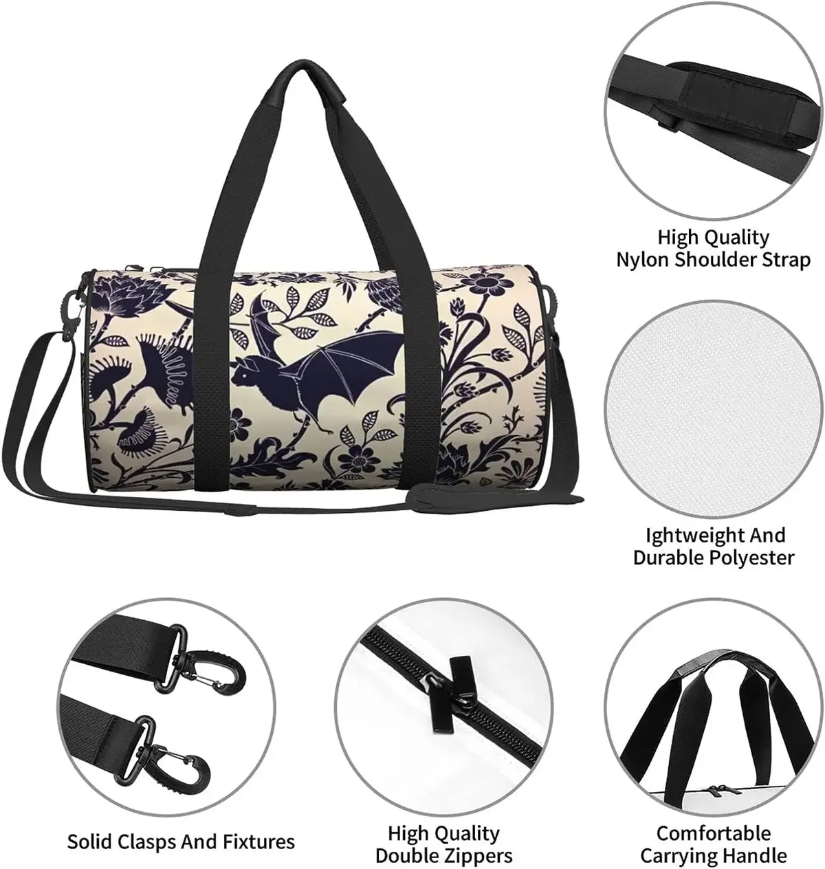 sac de sport à fleurs de chauve-souris d'halloween pour hommes et femmes, sac de sport, sac à main de week-end, voyage, entraînement, degré d'eau