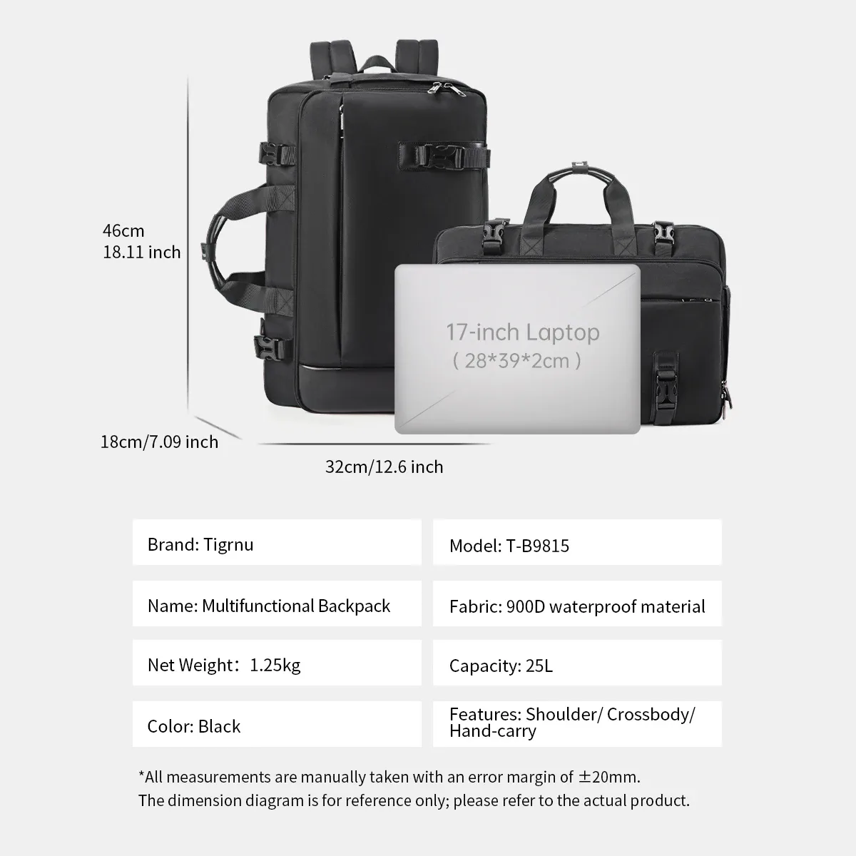 sac à dos de voyage tigernu pour hommes, sac à main pour ordinateur portable de 17 pouces, sac à bandoulière, sac de voyage 3 en 1, sacs d'école pour hommes, sac à dos
