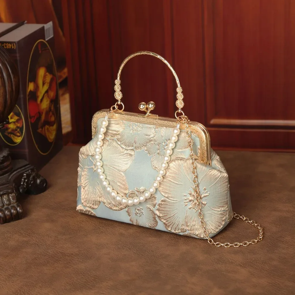 sac bandoulière en polyester, sac de soirée mi-souple, sac fourre-tout perlé, sac à main léger brodé de fleurs pour le voyage et les tenues cheongsam