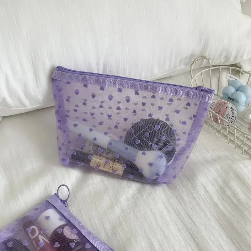 sac de rangement de cosmétiques pour femmes, support organisateur de voyage, sac à main en maille de nylon imprimé cœur violet, sac de maquillage transparent et mignon, pochette