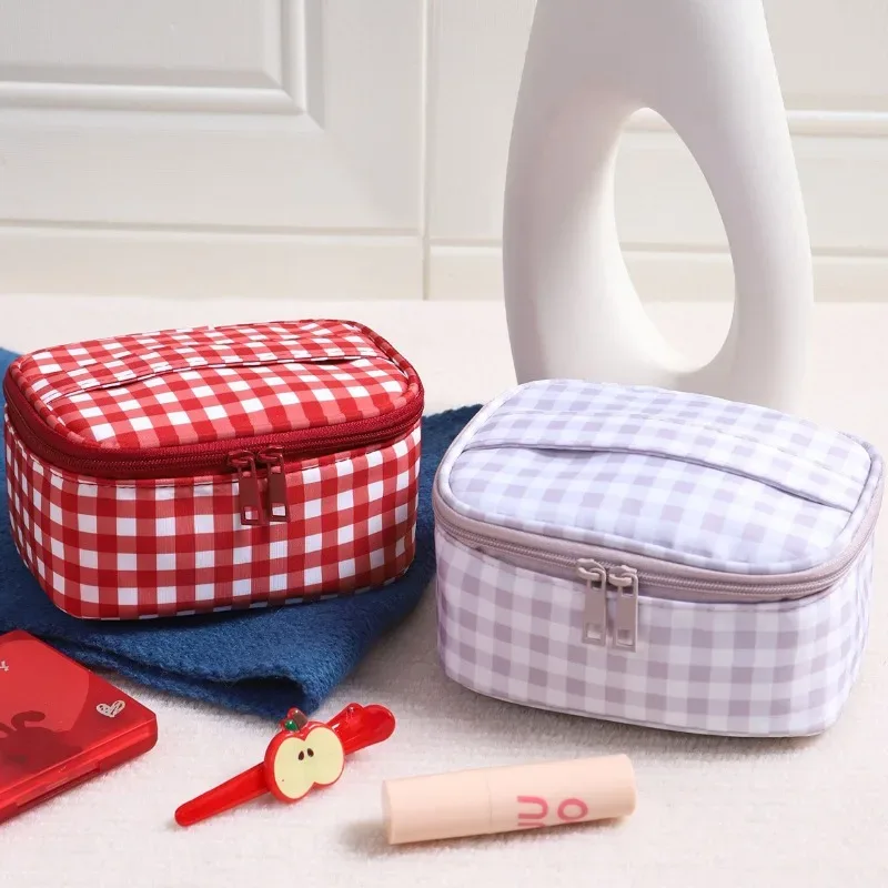 sac à main mignon à carreaux rouges et violets pour femmes, trousse de maquillage portable de voyage, petite et grande trousse de toilette cosmétique avec fermeture éclair