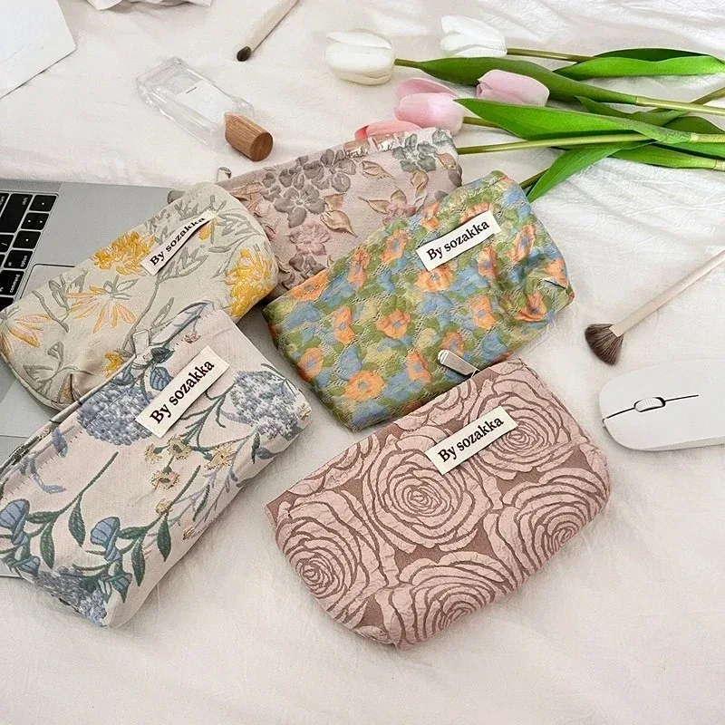 trousse de maquillage coréenne florale pour femmes, trousse à cosmétiques, trousse de maquillage de voyage, trousse de beauté en toile, trousse à crayons