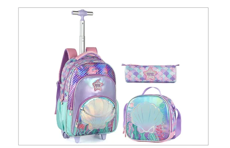 sac à dos à roulettes pour filles, sac à dos à roulettes mignon, bagage à main pour enfants avec boîte à lunch et trousse à crayons pour l'école primaire
