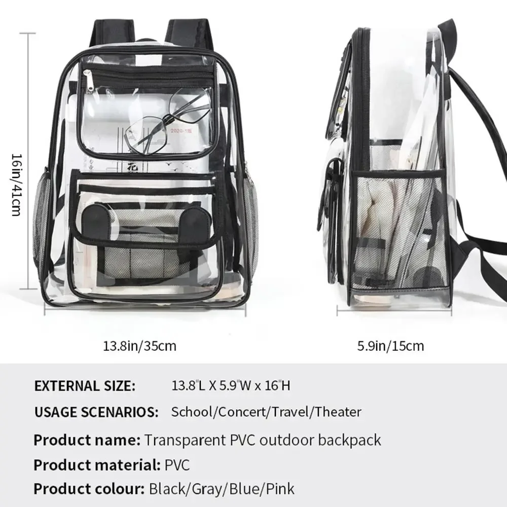 sac à dos transparent de grande capacité, imperméable, en pvc, avec fermeture éclair, portable, visible, pour le sport en plein air et les voyages.