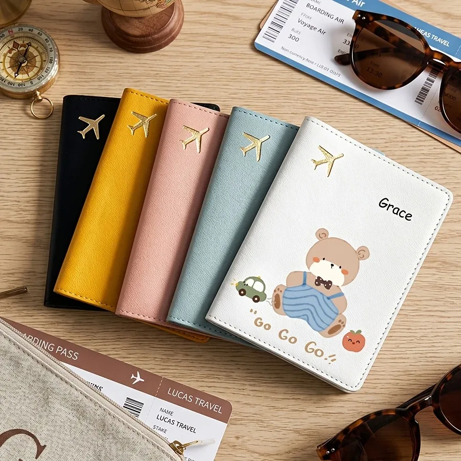 porte-passeport personnalisé avec housse de protection - nom/texte personnalisé, motif ours de dessin animé mignon