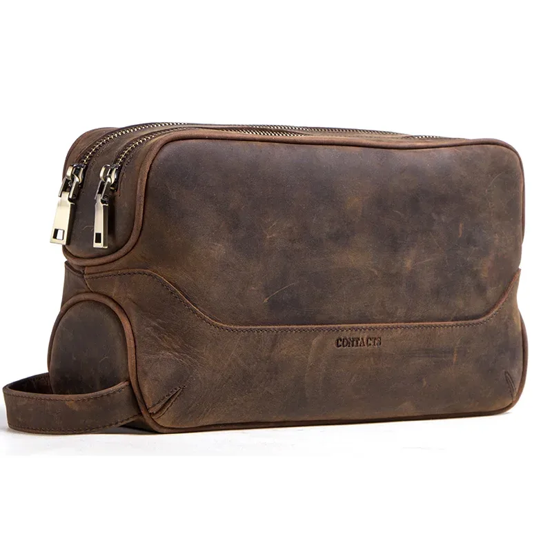 trousse cosmétiques cuir vache marron noir boîte haute capacité pochettes intérieures zipper voyage usage