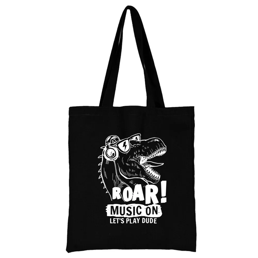 sac de shopping en toile noire pour femmes, fourre-tout décontracté réutilisable, sac à bandoulière à motif blanc imprimé, sac à main pliable de grande capacité