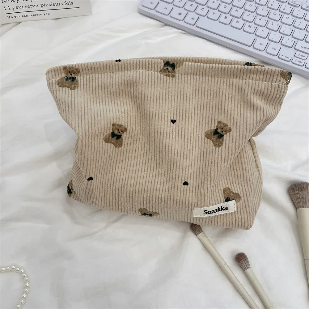 pochette imprimée ours en velours côtelé, sac à cosmétiques, pochette de maquillage de grande capacité, trousse de toilette, rangement de maquillage de voyage en plein air, nouvelle collection