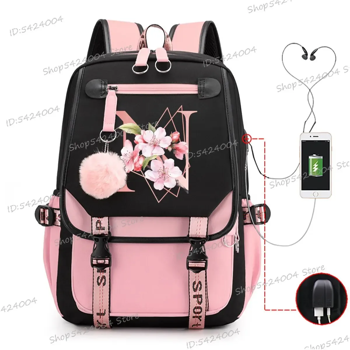 sac dos nylon unisexe rose noir lettre initiale motifs floral personnages voyage adolescents toile interne ordinateur poche fentes compartiments