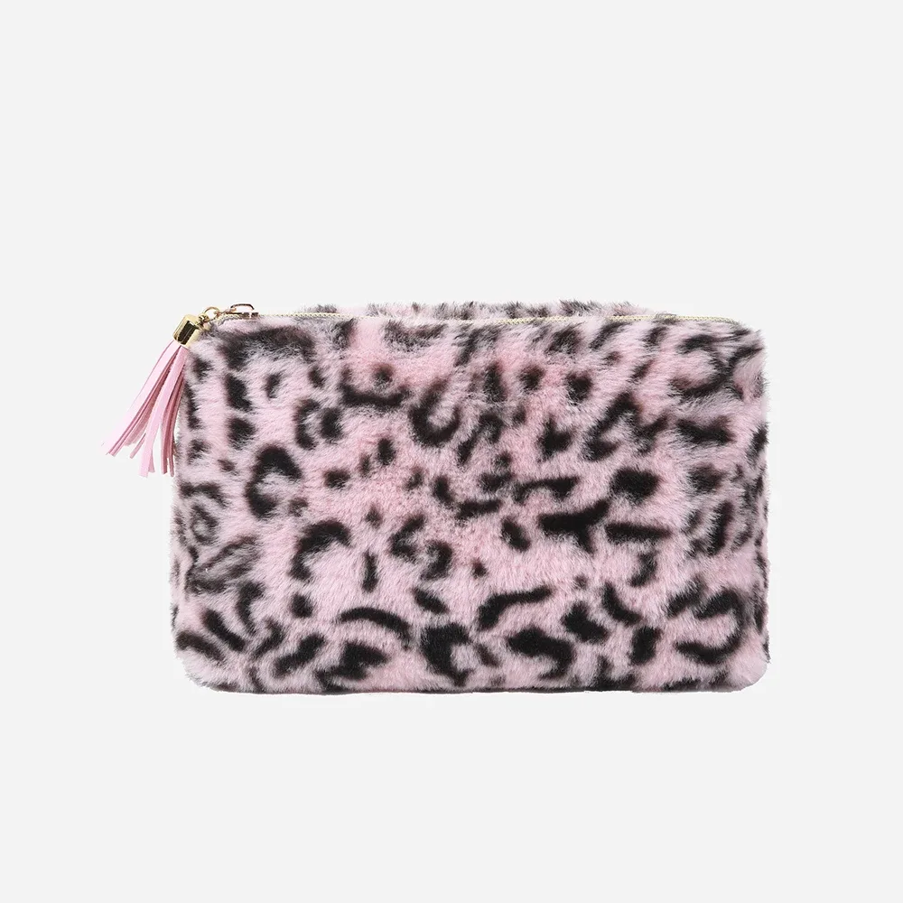 sac à cosmétiques en peluche léopard avec pompon en pu, pochettes de toilette de voyage douces, organisateur d'accessoires, pochette cadeau pour femmes et filles