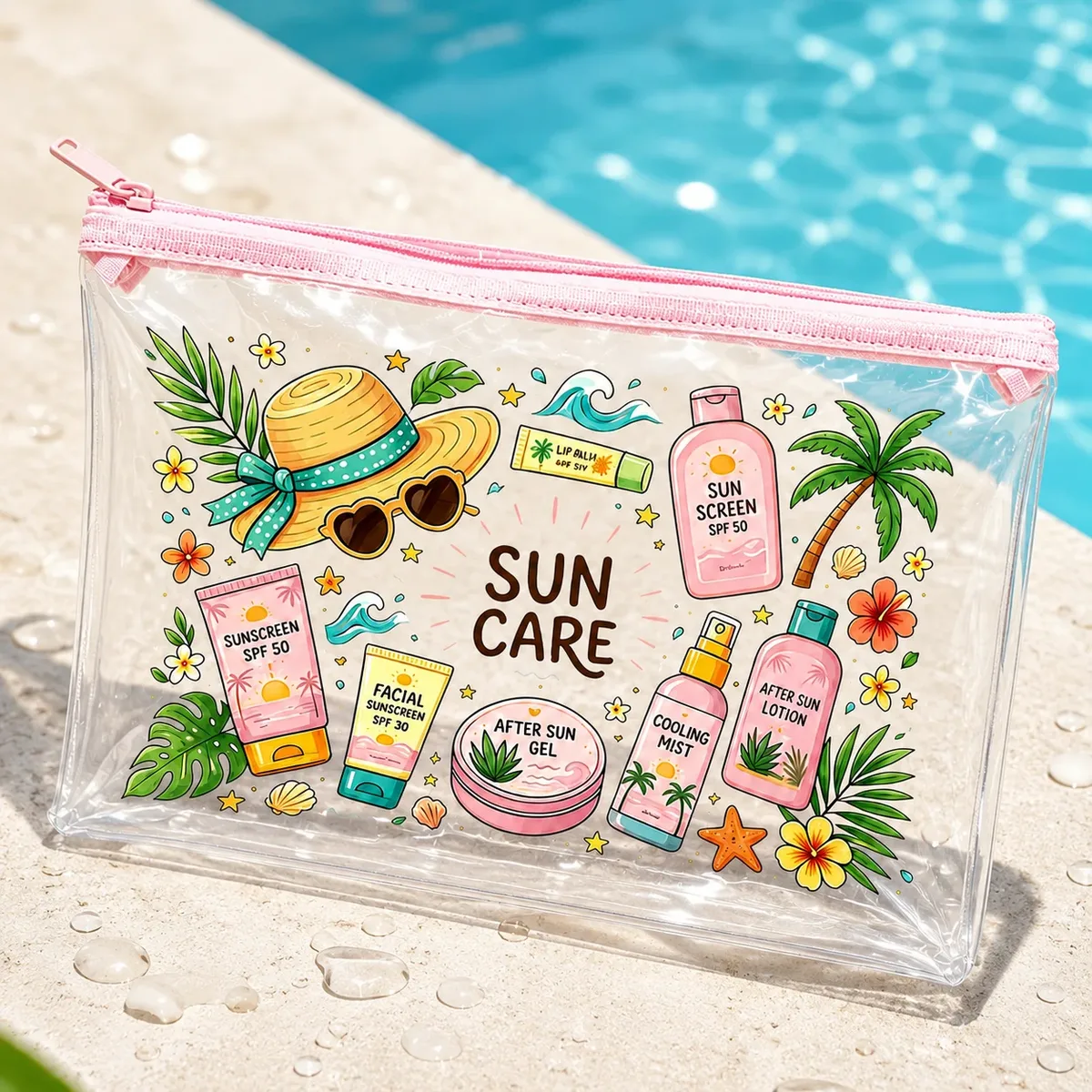 sac de maquillage transparent en pvc pour l'été, organiseur imperméable rose à fermeture éclair pour femmes, plage, piscine, voyage et articles de toilette solaires