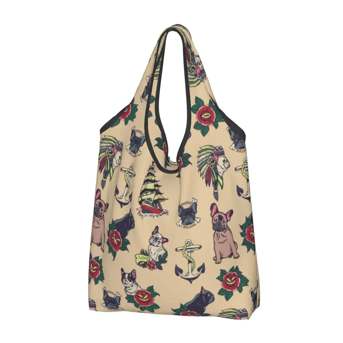 sac à provisions portable pop art pour femme, style bungalow, bouledogue français, sac fourre-tout pour chien, cadeau pour animal de compagnie, sacs d'épicerie