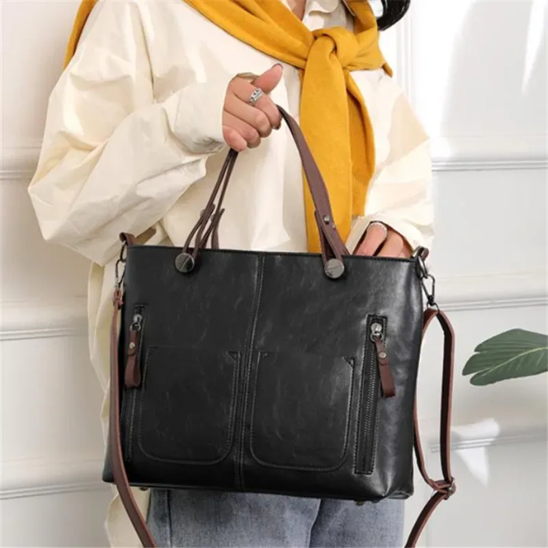 sac à main en cuir rétro europe america, sac à bandoulière, fourre-tout à deux poches avec fermeture éclair, sacs à bandoulière classiques pour femmes, travail et affaires