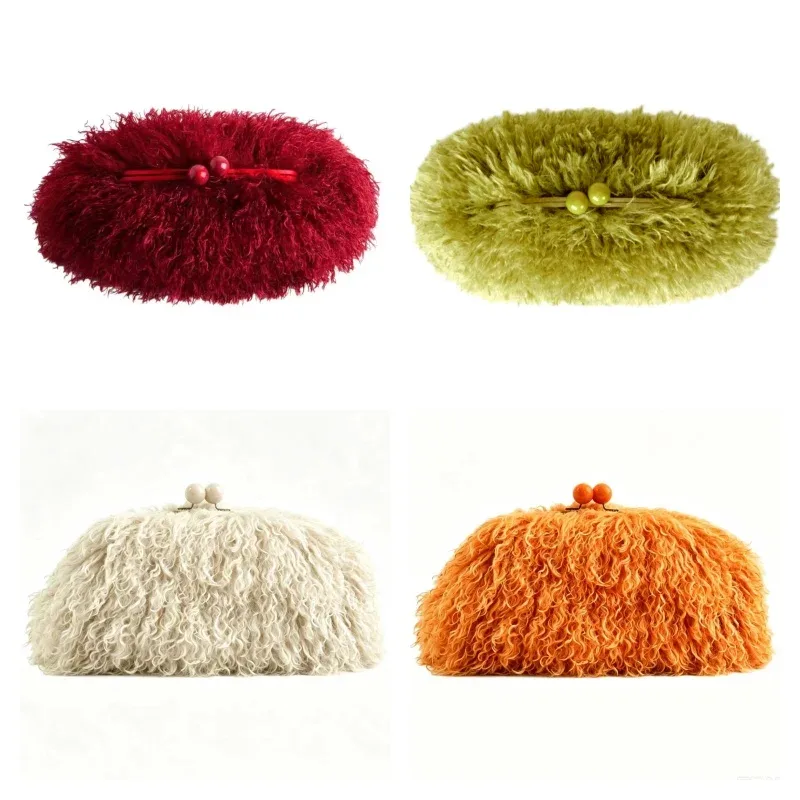 sac à main pochette en fausse fourrure kisslock pour femme, chaud et élégant pour l'hiver, avec fermoir à cadre et chaîne bandoulière, gris foncé, rouge, jaune