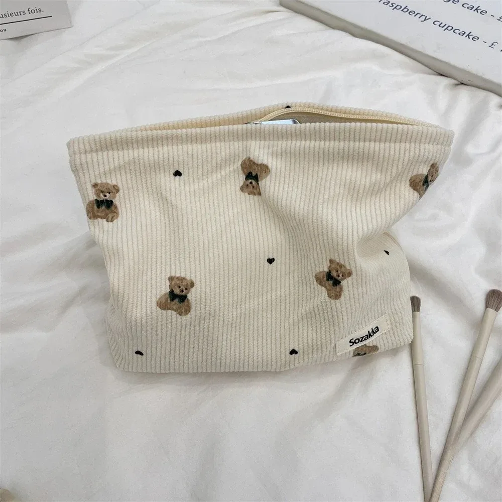 pochette imprimée ours en velours côtelé, sac à cosmétiques, pochette de maquillage de grande capacité, trousse de toilette, rangement de maquillage de voyage en plein air, nouvelle collection
