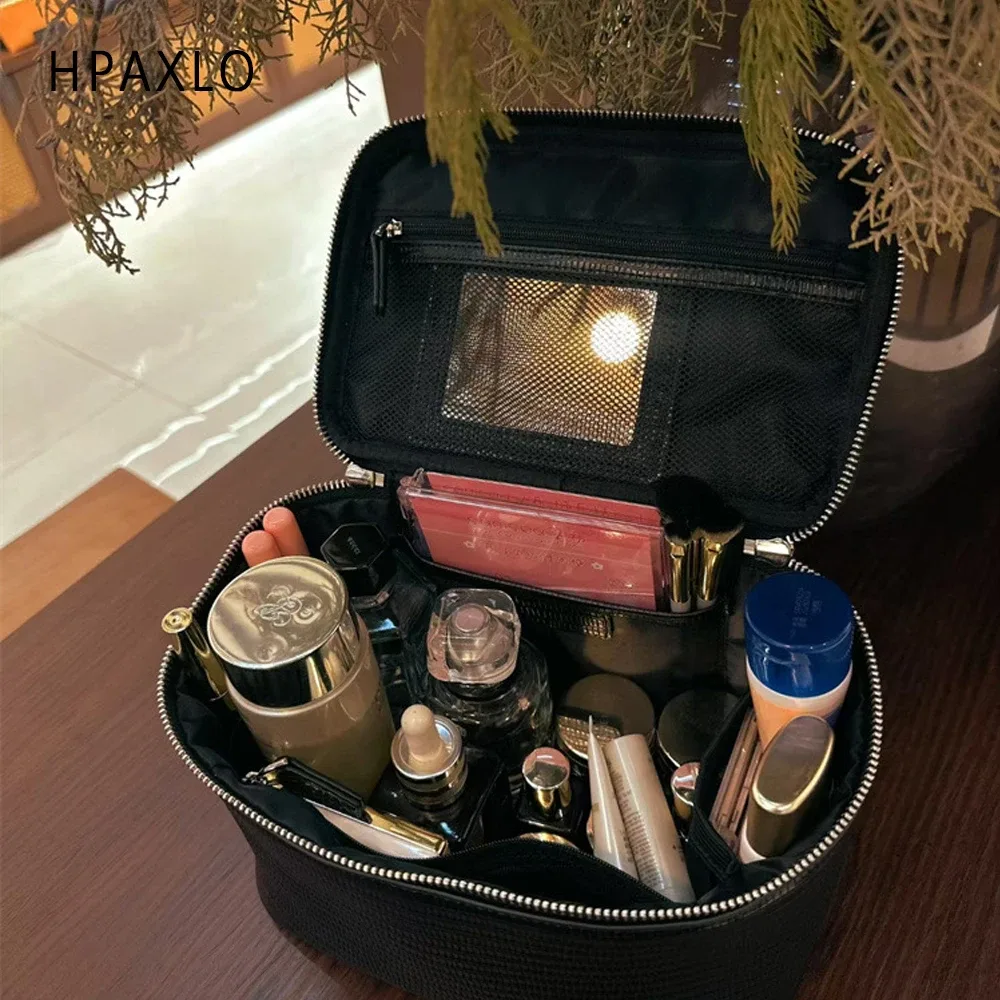 sac à cosmétiques en cuir pour femmes, organiseur de toilette de voyage, cuir véritable de haute qualité, trousse de maquillage de luxe, pratique, grande capacité