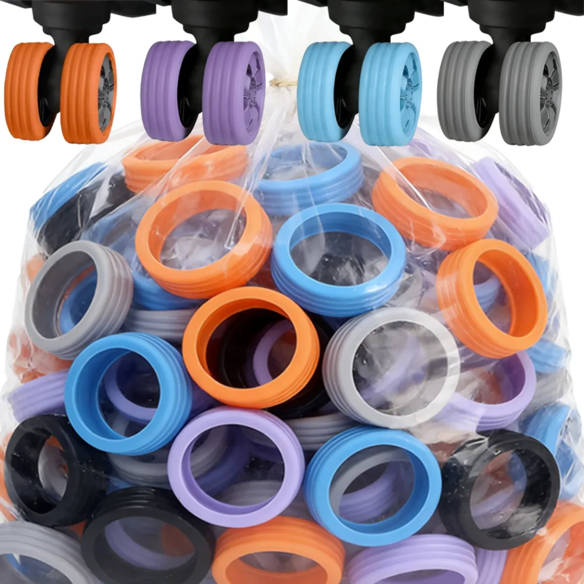 protection roue silicone bleu noir orange remplacement facilité déplacement valise chaise mobilité minimaliste set quatre pièces