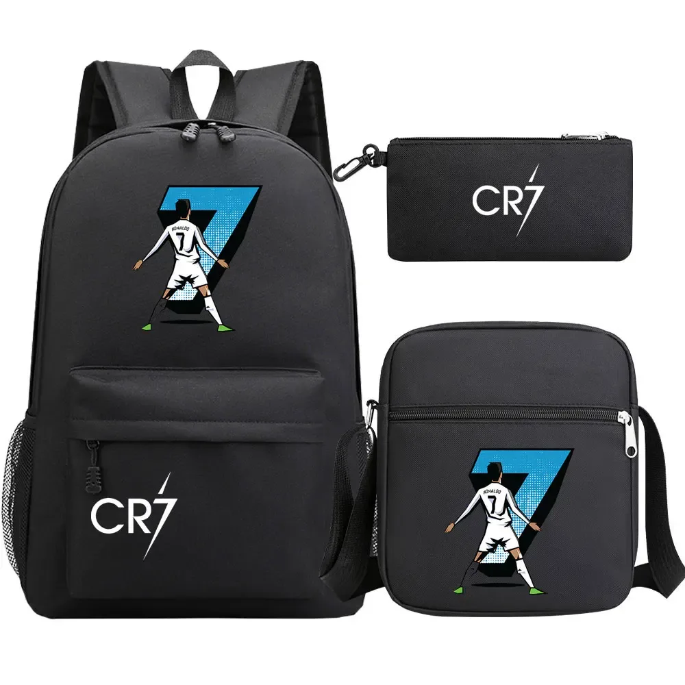 football star cr7 3 pièces garçon fille retour à l'école livre sacs, étudiant sac à bandoulière porte-crayon sac à dos, adolescents mochila hommes femmes