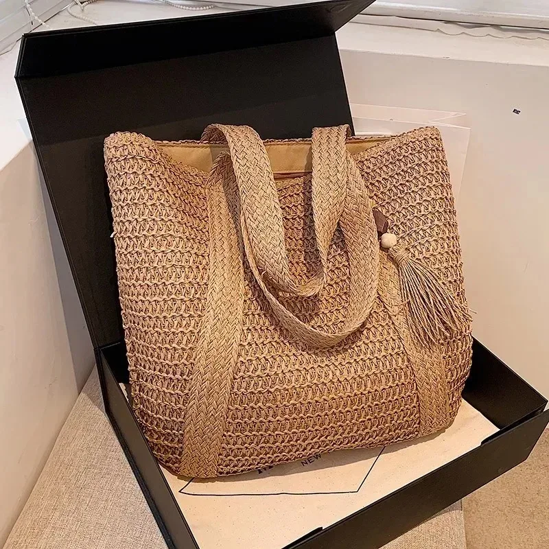 sac à main élégant en paille tressée pour femme, sac fourre-tout rétro à poignée supérieure, sac à bandoulière décontracté pour la plage, les vacances et les trajets quotidiens