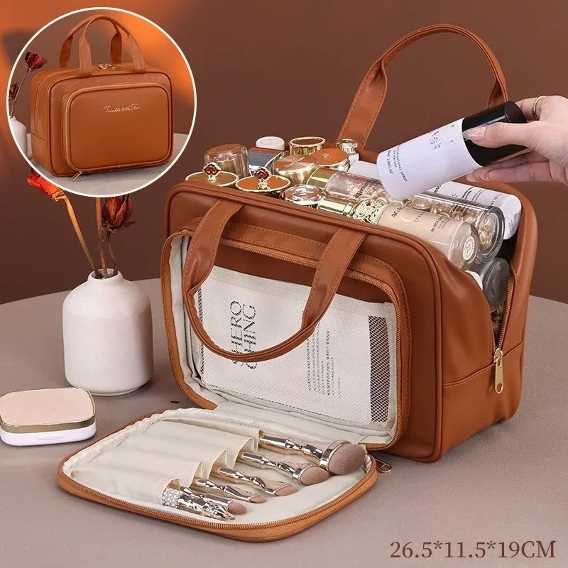 sac de maquillage en pu pour femmes, fourre-tout de mode, organisateur de voyage de grande capacité, pochette de toilette cosmétique, sac de rangement de maquillage portable à fermeture éclair