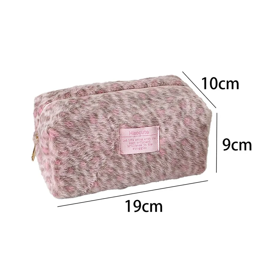 sac de maquillage d'écolière imprimé léopard de couleur rose en peluche, grand fourre-tout cosmétique pour femmes, mignon, portable, organisateur de transport à main de voyage