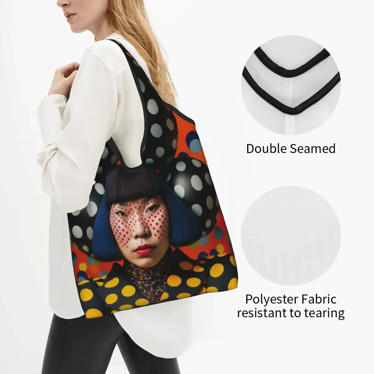 sac de courses abstrait yayoi kusama, sac fourre-tout mignon à bandoulière, grande capacité, sac à main portable à pois
