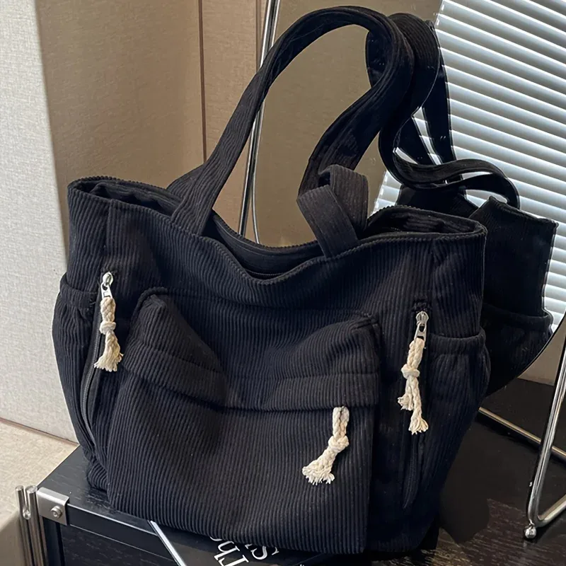 sac fourre-tout en velours côtelé grande capacité pour femme, sac à main multi-compartiments robuste, sac à bandoulière avec sangle fixe et fermeture éclair