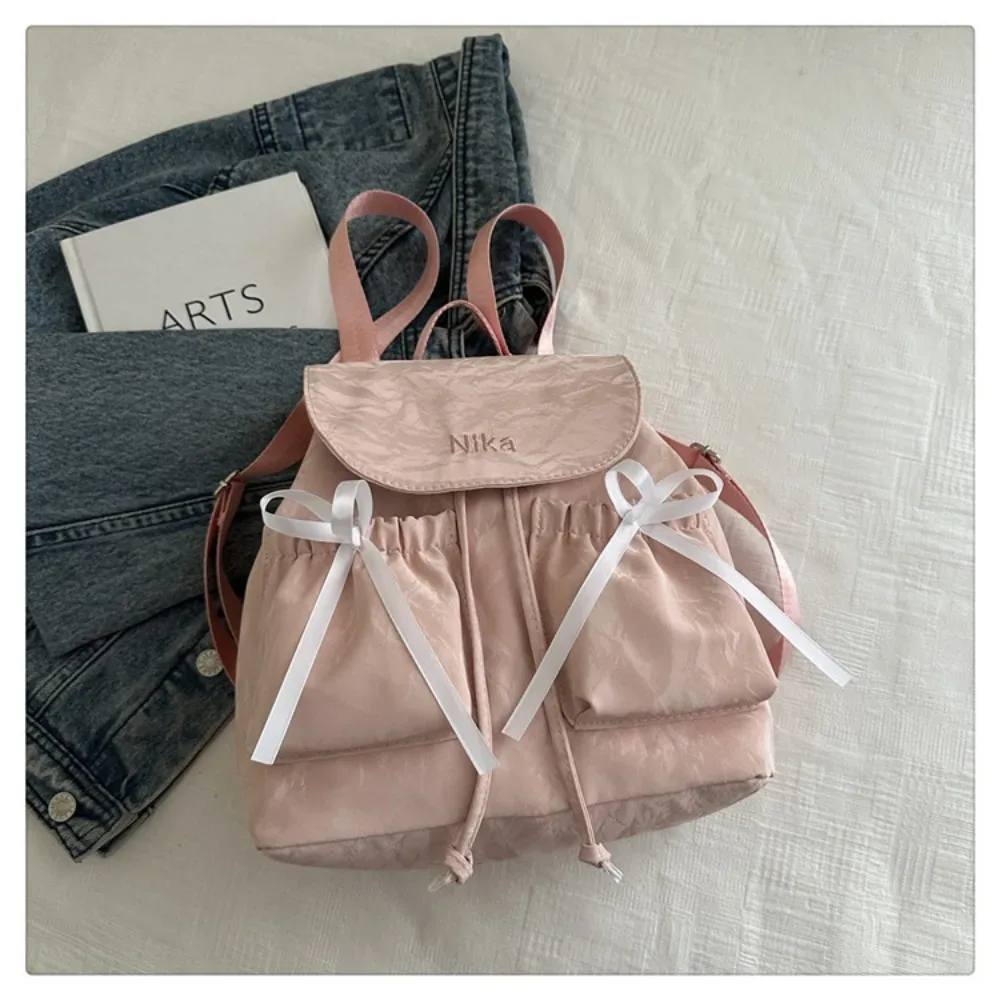sac à dos à nœud mignon pour femmes, sac à dos avec cordon de serrage de grande capacité pour étudiants, sac de voyage de couleur unie pour l'extérieur