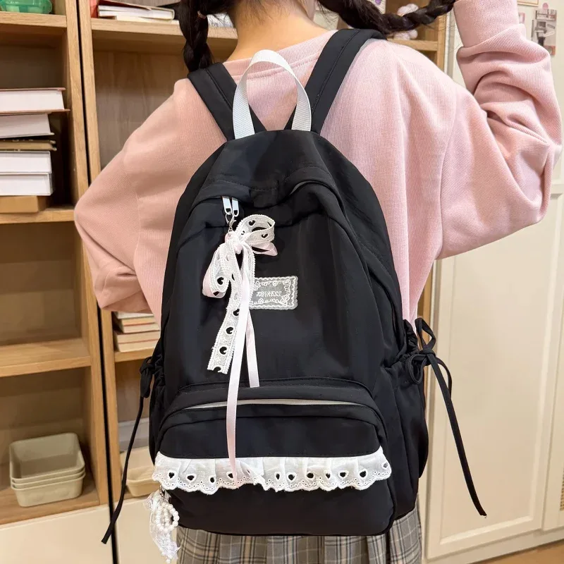 sac à dos élégant pour étudiantes, multi-poches, avec nœud en dentelle, pour le campus, décontracté, avec nœud papillon, pour livres, pour filles, pour le shopping et les sorties