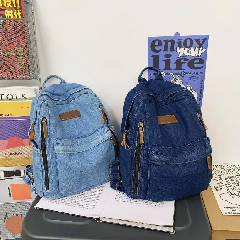 Sac Dos Jean Bleu Denim Poignée Supérieure Fermeture Éclair Compartiment Intérieur Usage Étudiant Voyage