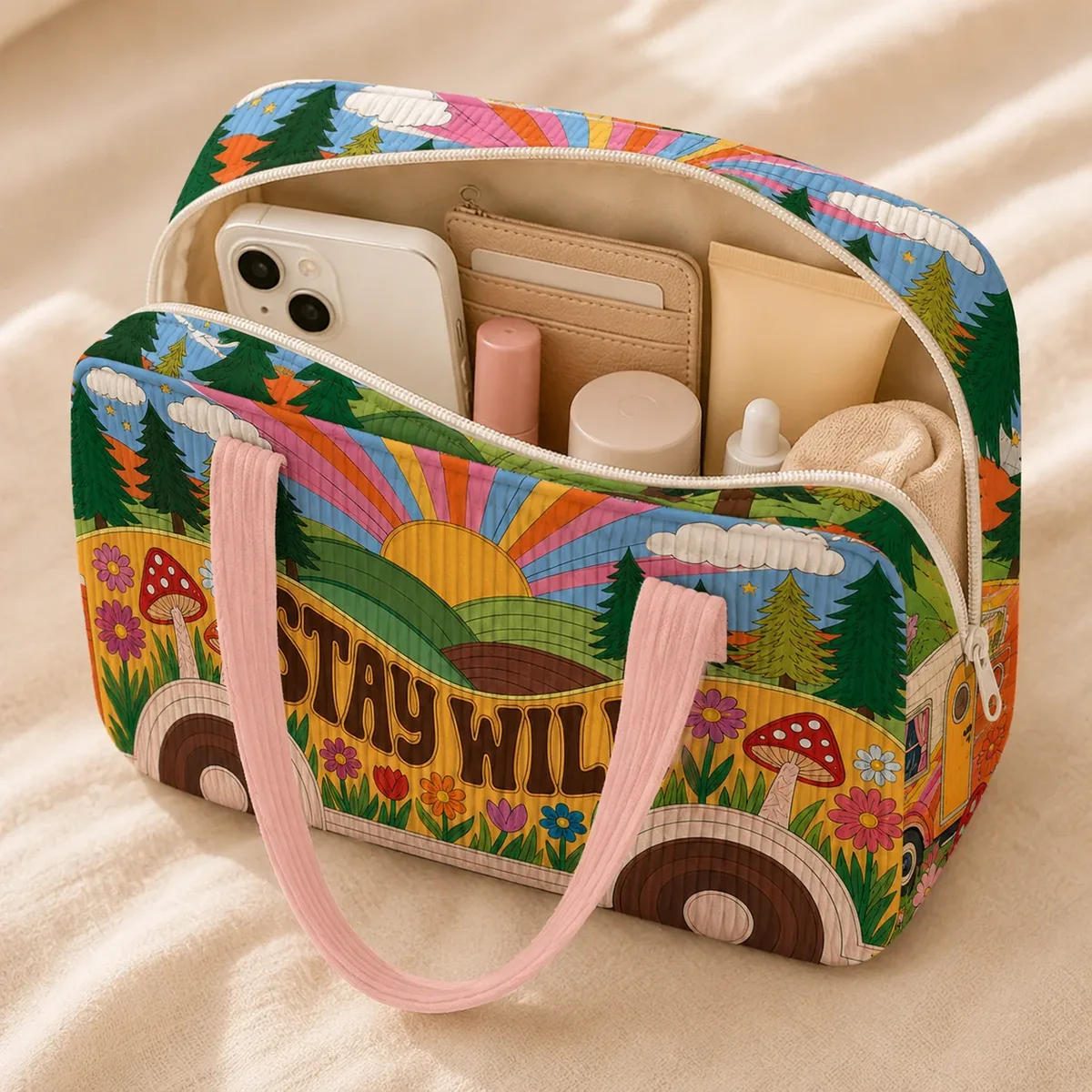 trousse de toilette de voyage rétro imprimée, organiseur de maquillage portable, étui de rangement pour produits de beauté, sac à main stay wild pour les vacances