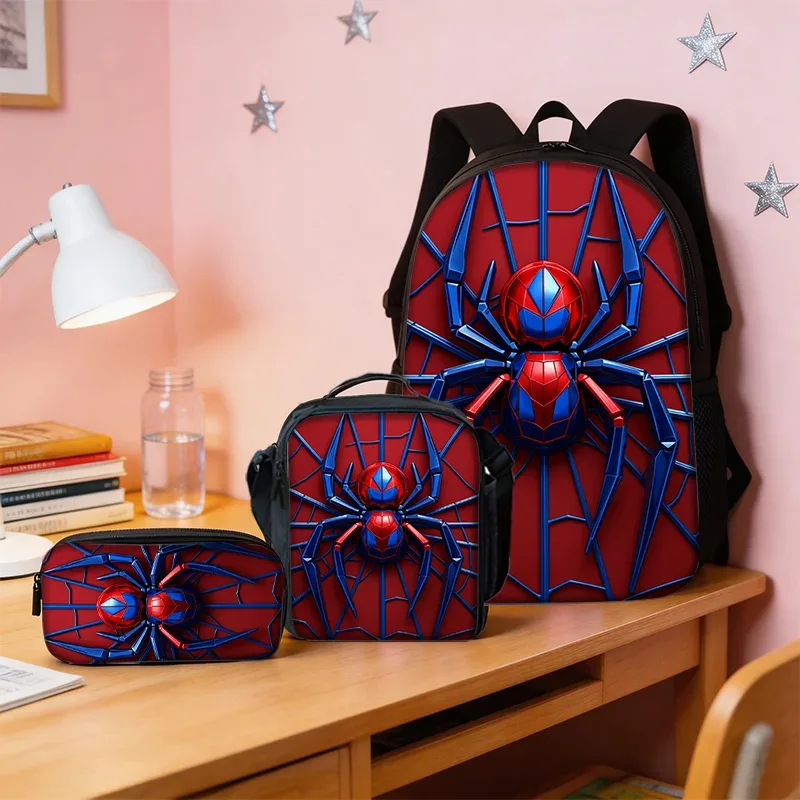 ensemble de 3 sacs à dos à motif d'araignée, légers, grande capacité, sac d'école, sac de voyage avec sac à bandoulière, trousse à crayons, cadeau parfait pour les enfants