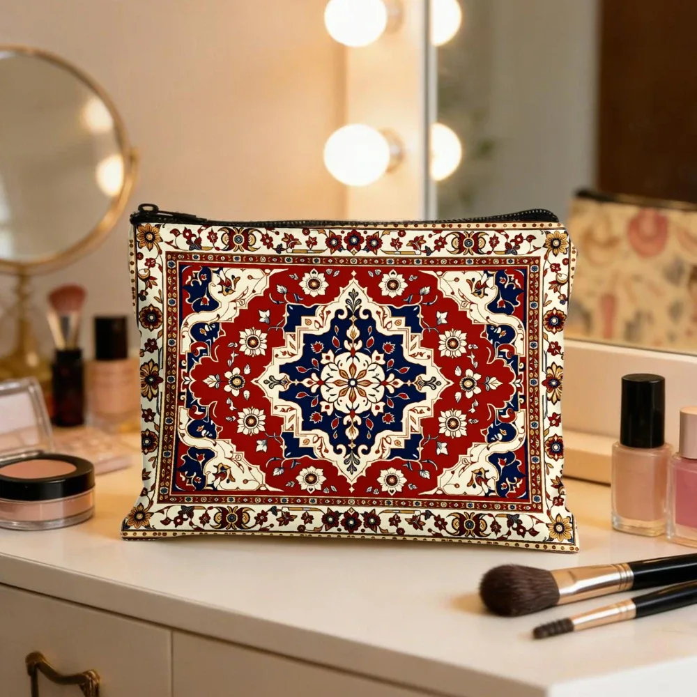 sacs de maquillage géométriques floraux rouge bleu blanc pour filles, pochette cosmétique, trousse de toilette, trousse à crayons, rangement de voyage
