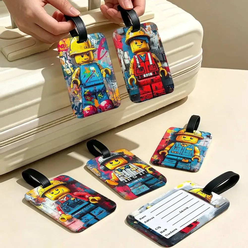 étiquette de valise en pvc anti-perte l-legos avec carte d'information, motif de dessins animés représentant diverses professions, identifiant de bagages léger pour les voyages quotidiens.