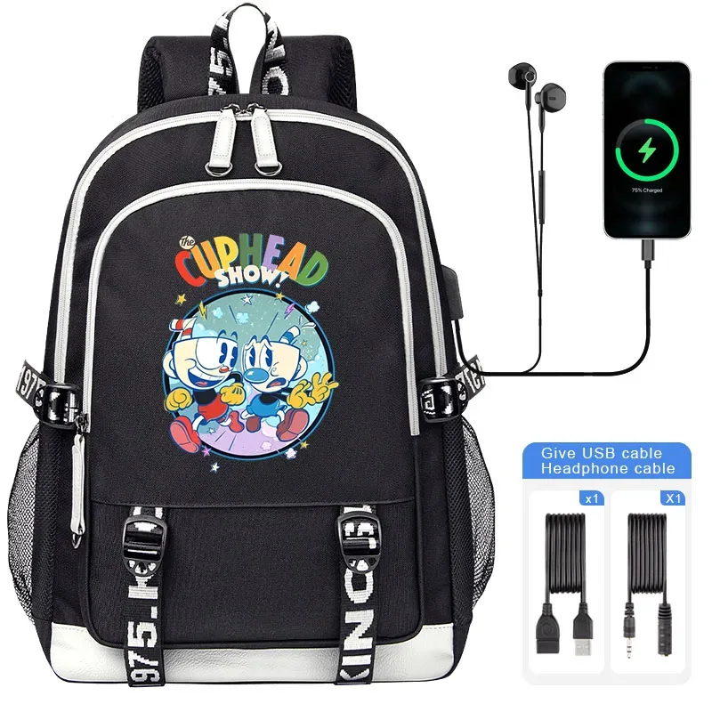 sacoche nylon illustrations cuphead dessin animé noir blanc gris ordinateur portable adolescents étudiants voyager capacité haute bandoulière souple