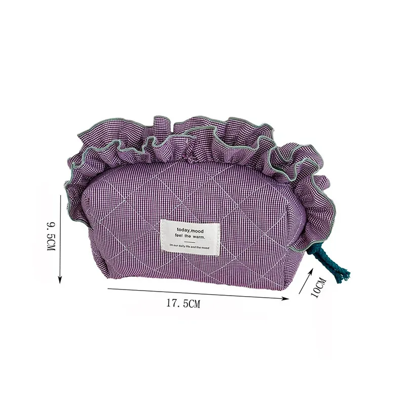 trousse de maquillage vintage à carreaux vichy pour femme avec bords volantés - grande capacité, fermeture élégante à nœud en ruban pour usage quotidien