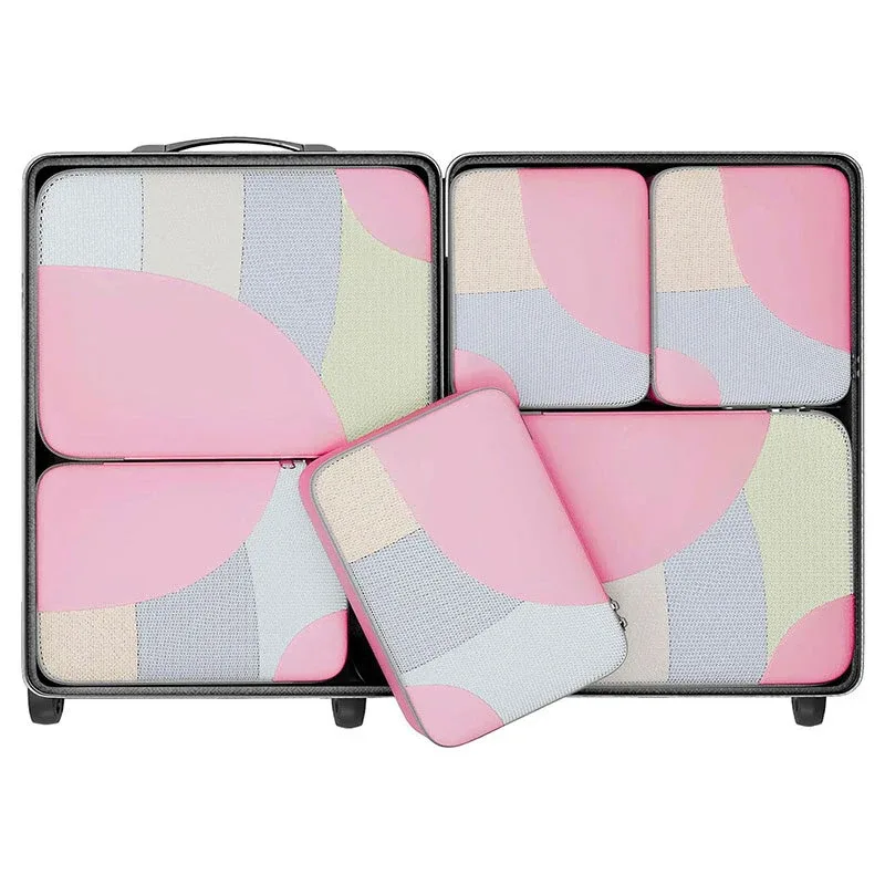 organisateur voyage polyester gris beige motif géométrique cube sac compression chaussures pochette housse vêtements tailles différentes transport pratique