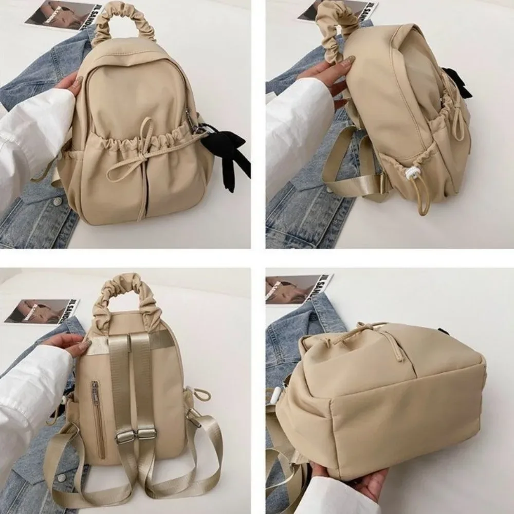 sac à dos à cordon en nylon pour étudiants, grande capacité, design plissé, sac de voyage, bretelles réglables et souples, sac à dos avec nœud.