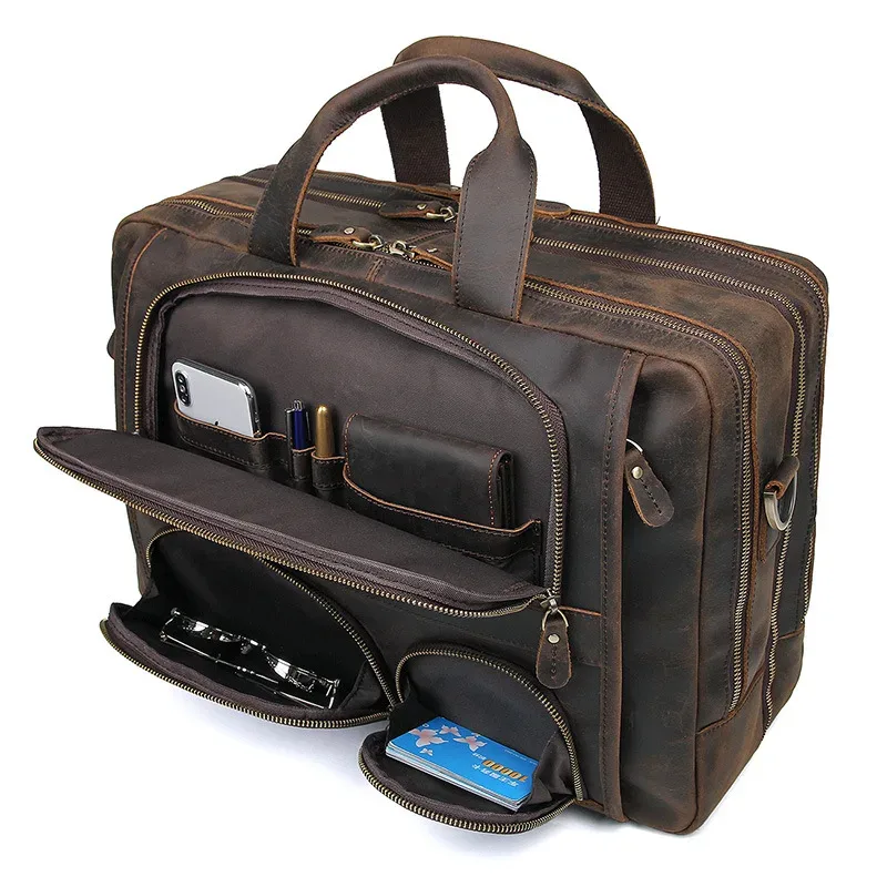 Porte Documents Cuir Vintage Marron Poches Multiples Fermeture Éclair Organisation Intérieure Voyage Affaires Compact Solide