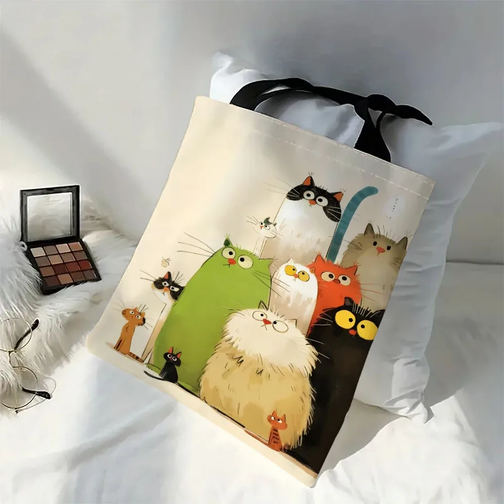 1pc fantaisiste dessin animé chats sac fourre-tout dessin animé poisson sacs à provisions pour dames cadeau eco pliable réutilisable sac à provisions sacs d'extérieur