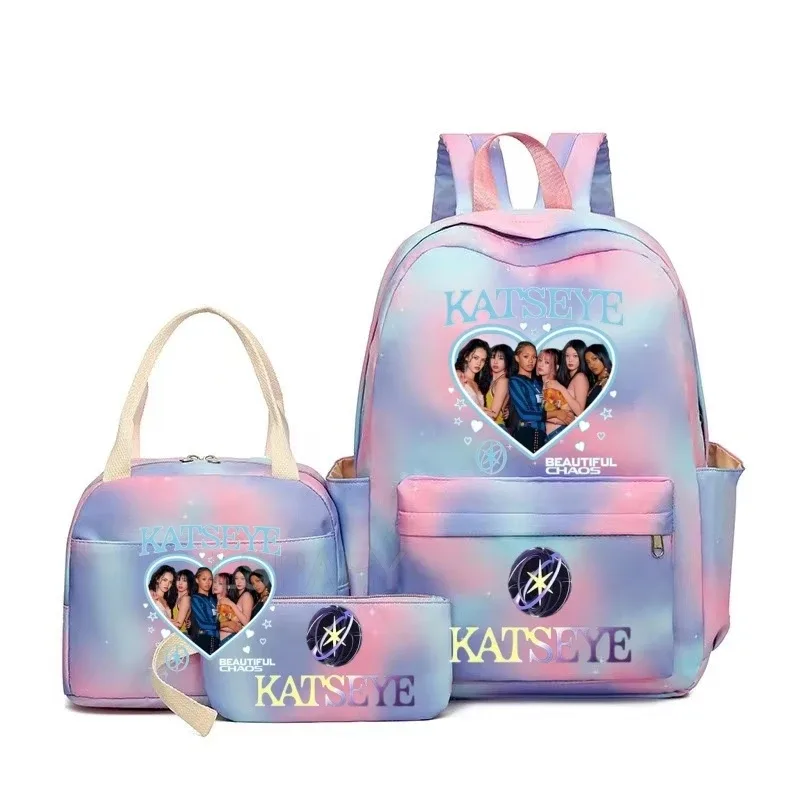 nouveaux sacs à dos katseye à imprimé amusant, 3 pièces/ensemble, sac d'école pour étudiants, sac de voyage pour adolescentes et garçons, sacs à lunch, sac à dos
