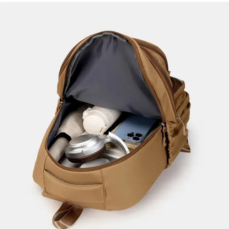 sac dos nylon dessin animés marron clair grand format cadre interne poche latérale ultra léger informatique souple limon jacquard bandoulière arquée préppy école voyage