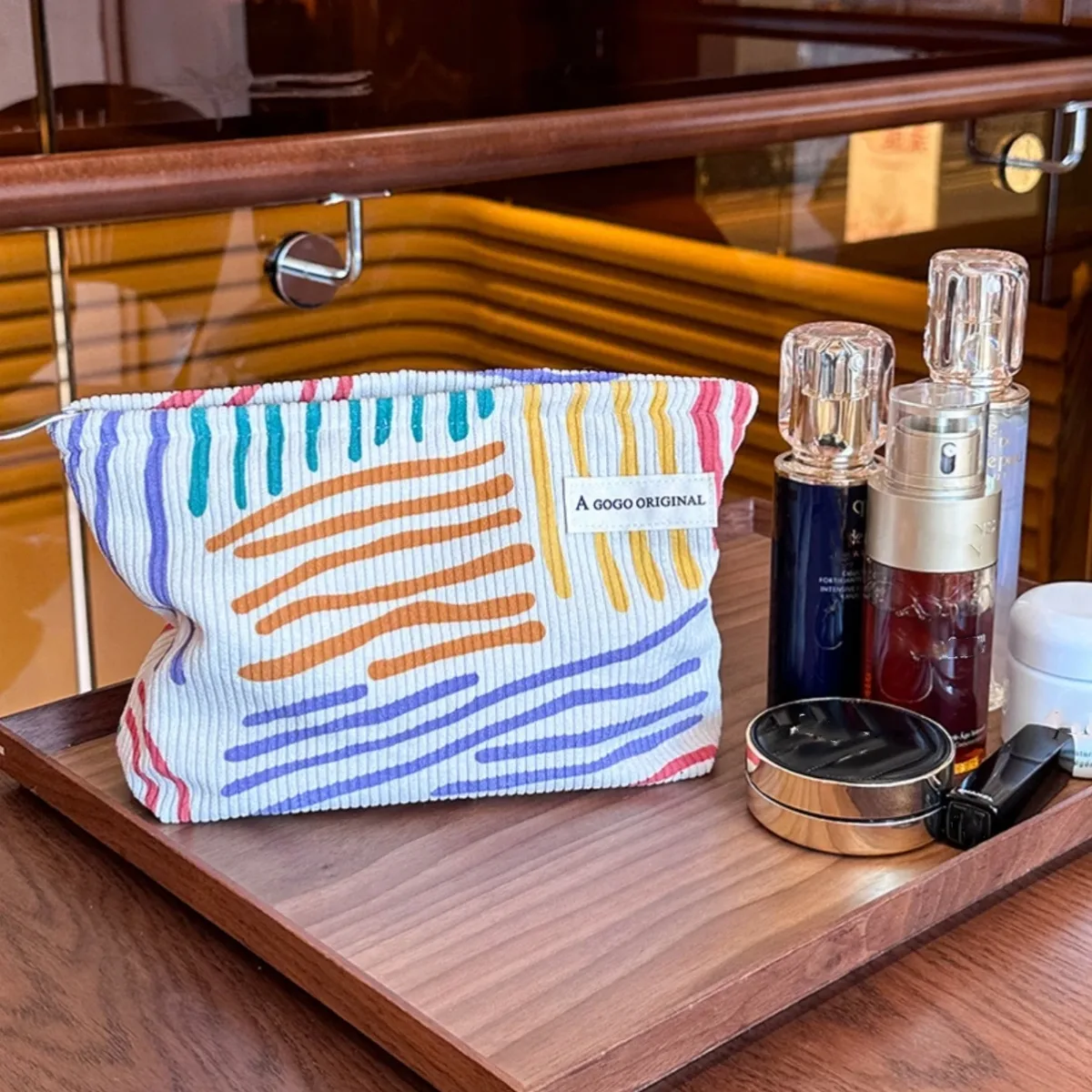 trousse de toilette femme en velours côtelé grande capacité, sac de rangement maquillage portable de voyage, trousse de lavage à fermeture éclair