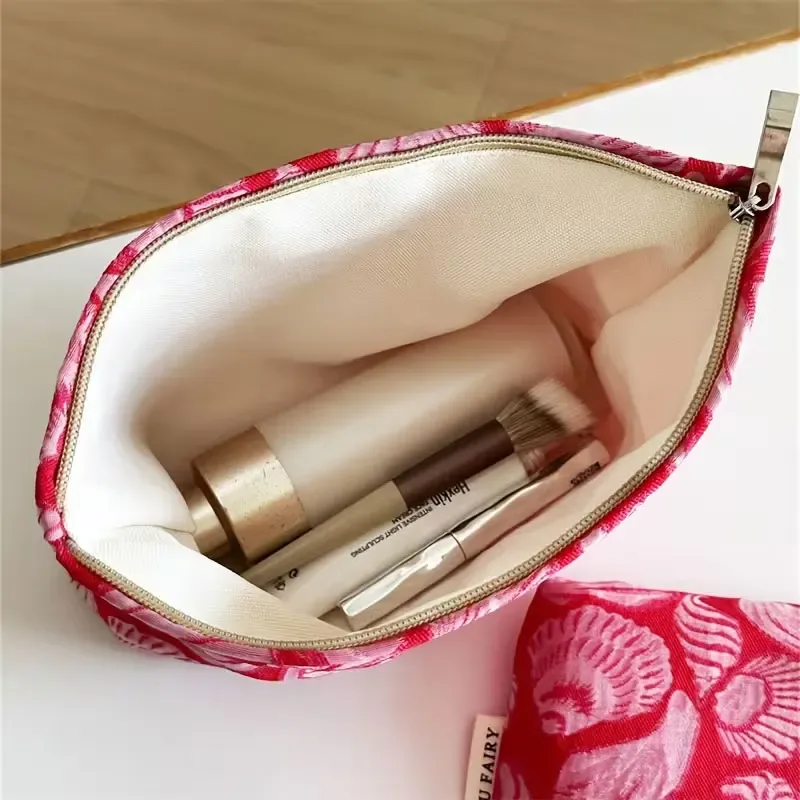 petite trousse de maquillage vintage à motifs pour femme, trousse compacte pour rouge à lèvres, poches intérieures multi-tailles, sac de rangement portable, trousse de toilette de voyage, sac à main, organisateur multifonctionnel pour soins de la peau