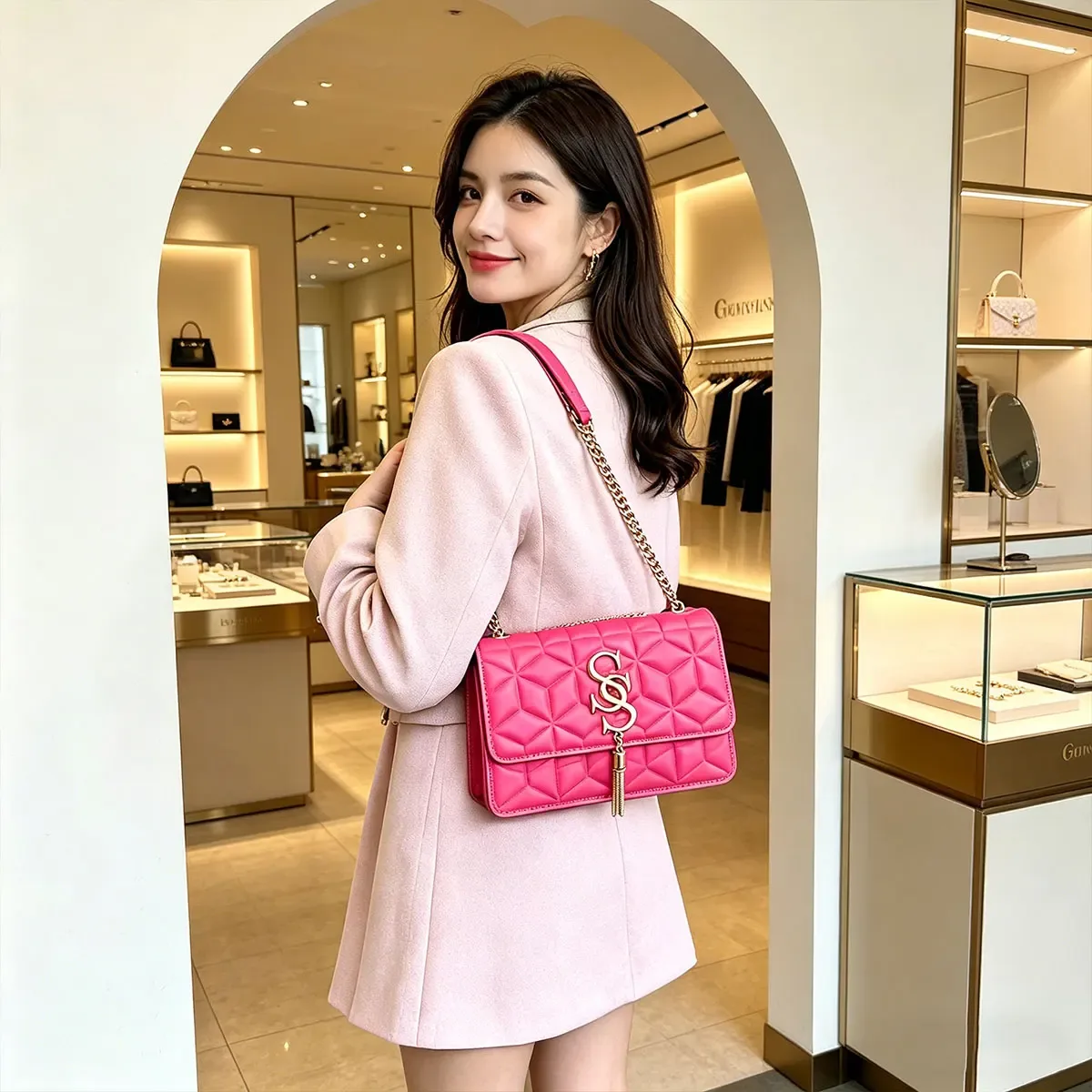 sac carré matelassé argyle élégant et tendance, avec lettres métalliques et pompon, sac bandoulière pour trajets quotidiens