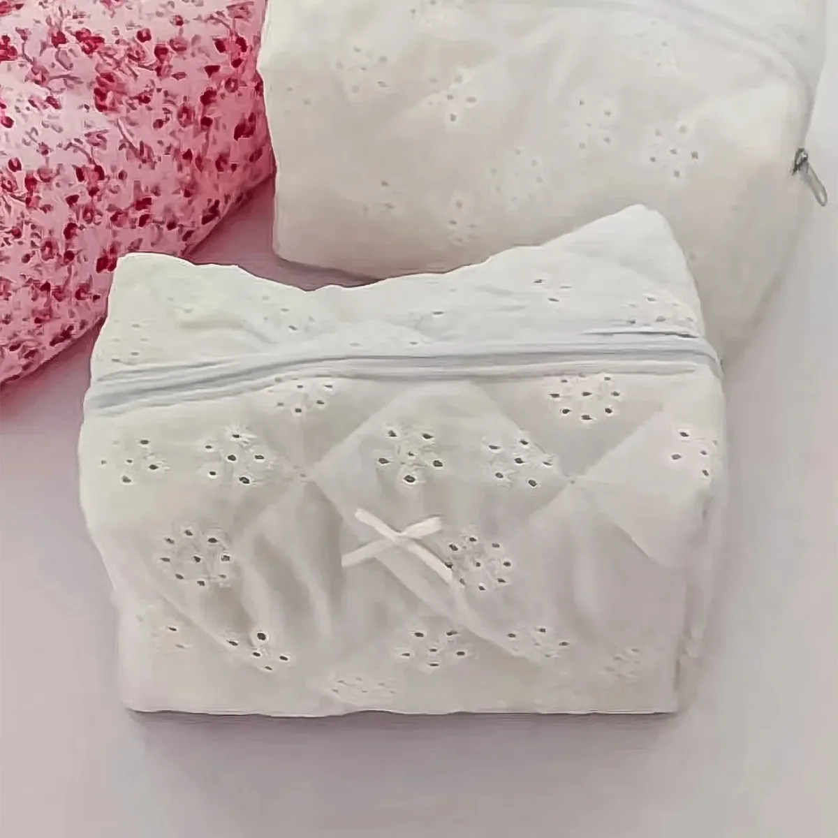 pochette cosmétique en dentelle de coton à nœud papillon floral, pochette de rangement portable pour rouge à lèvres, fermeture éclair, pour femmes, trousse de toilette de voyage