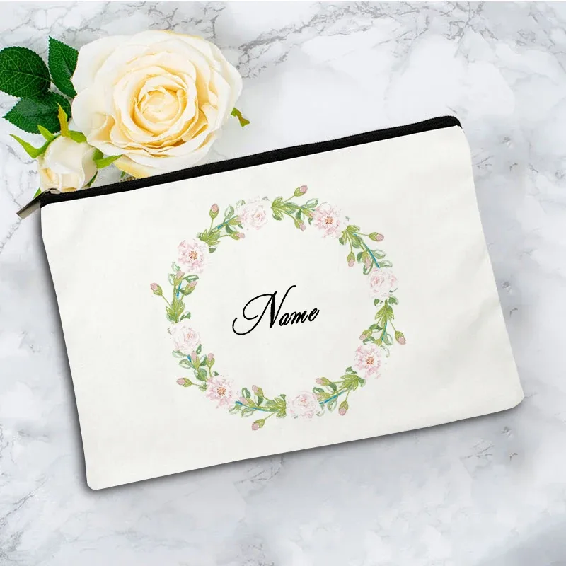 pochette zippée à motif floral pour femme, sac de voyage, organisateur en toile, trousse de maquillage, cadeau pour enseignant avec nom personnalisé lady f