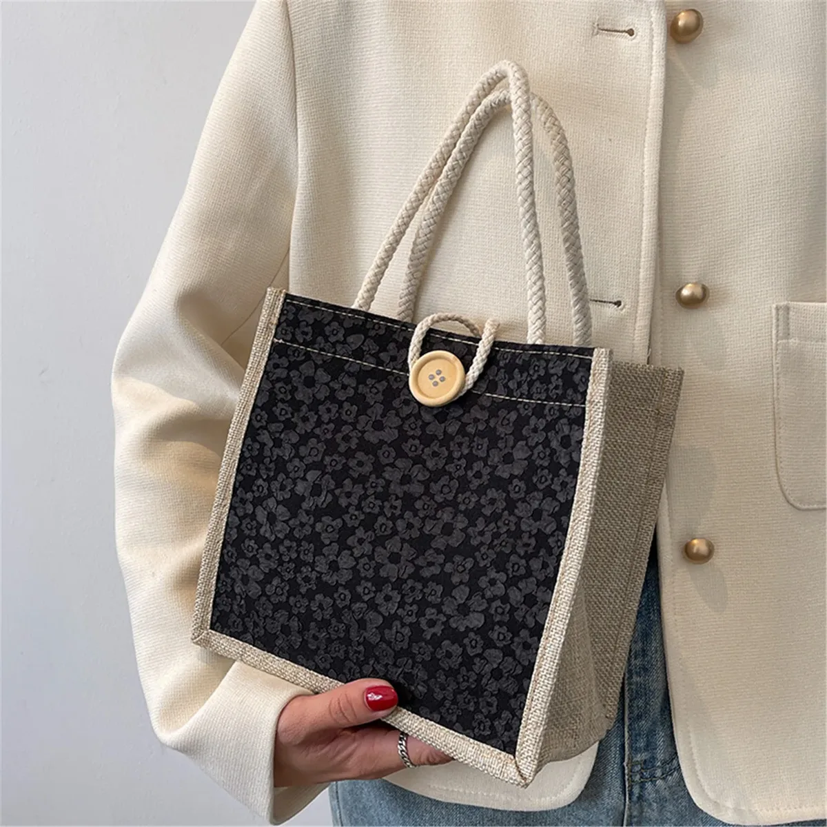 sac fourre-tout en lin vintage pour femmes, sacs à main de plage d'été, sac de bricolage rétro, sac à cuillère portable, sac à provisions multiple top foy
