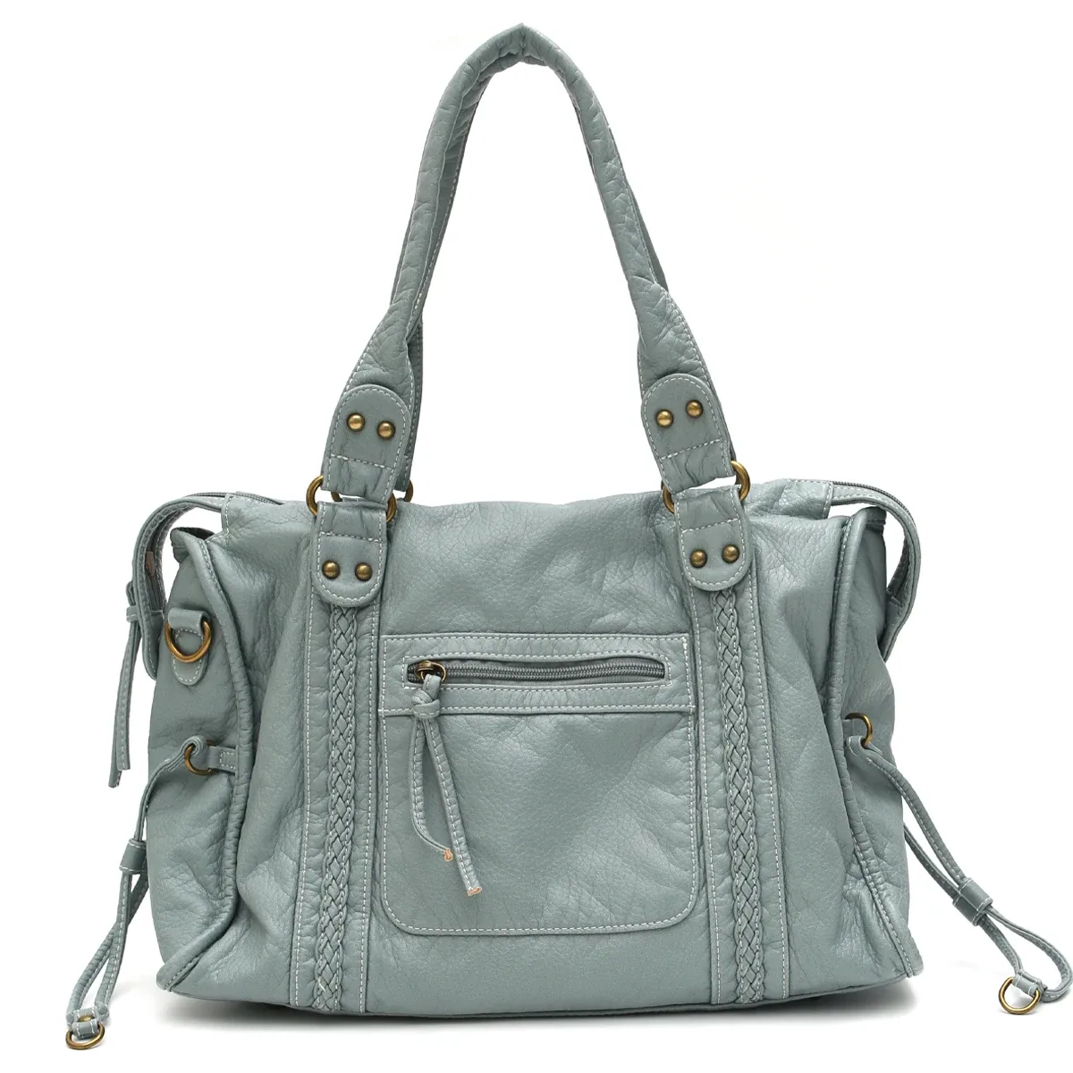 vintage lavé en cuir pu grande capacité fourre-tout poches zippées tresse décor épaule sac à bandoulière unisexe femmes voyage quotidien sac à main