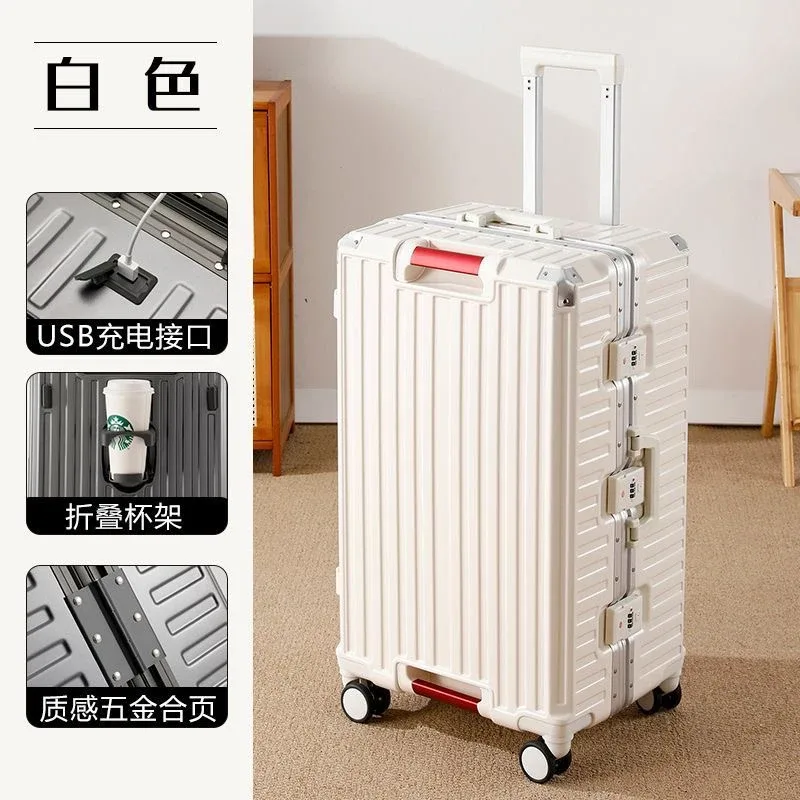 valise de voyage grande taille avec cadre en aluminium, bagage à roulettes avec porte-gobelet et serrure à combinaison